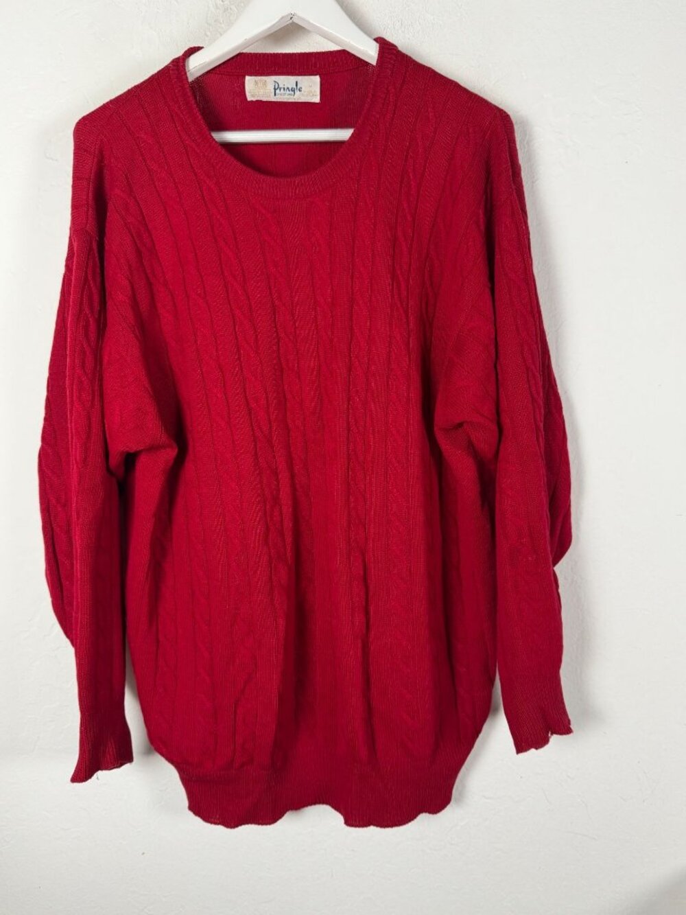 VTG Pringle of Scotland Mens Red Cable Knit Sweater Medium Lambswool Crewneck